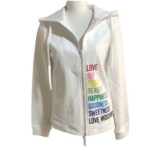 Love Moschino Logo Rainbow Print Hoodie Size 6 White Zip Up Designer Casual NWT